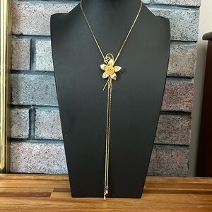 Vintage Gold Mesh Rose Lariat Adjustable Slide Necklace